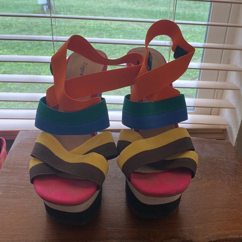 Zigi Soho Multicolor Striped Wedge Sandals - Orange, Pink, Yellow, Blue, Black